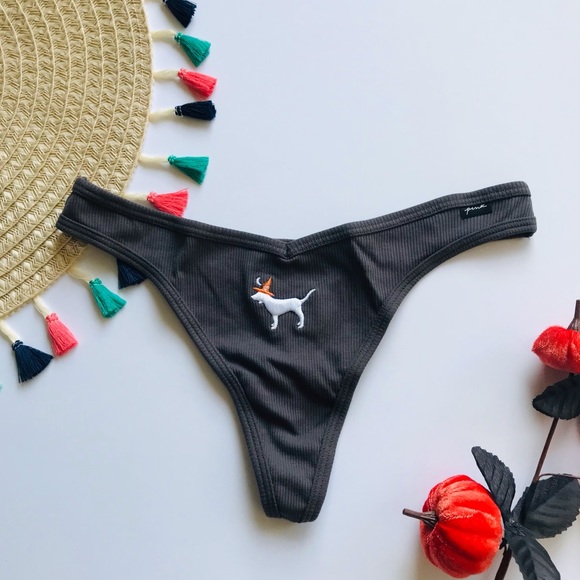 Victoria’s Secret PINK Cotton Ribbed Thong Panty Halloween Dog Embroidery - Picture 3 of 3